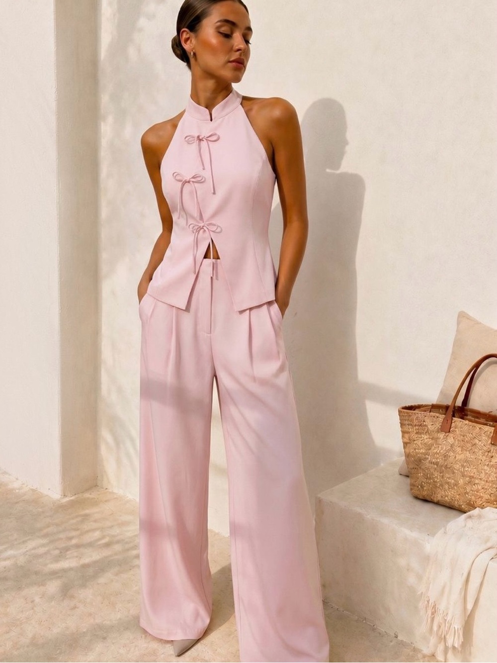 Commense Halter Mandarin Tie-Front Wide-Leg Jumpsuit - Light Pink